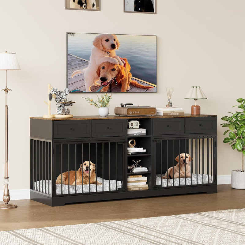 82" Double Dog Crate Furniture w/ 4 Drawers - TV Stand & Kennel for Medium/Large Dogs - Rustic Wood Design, Black