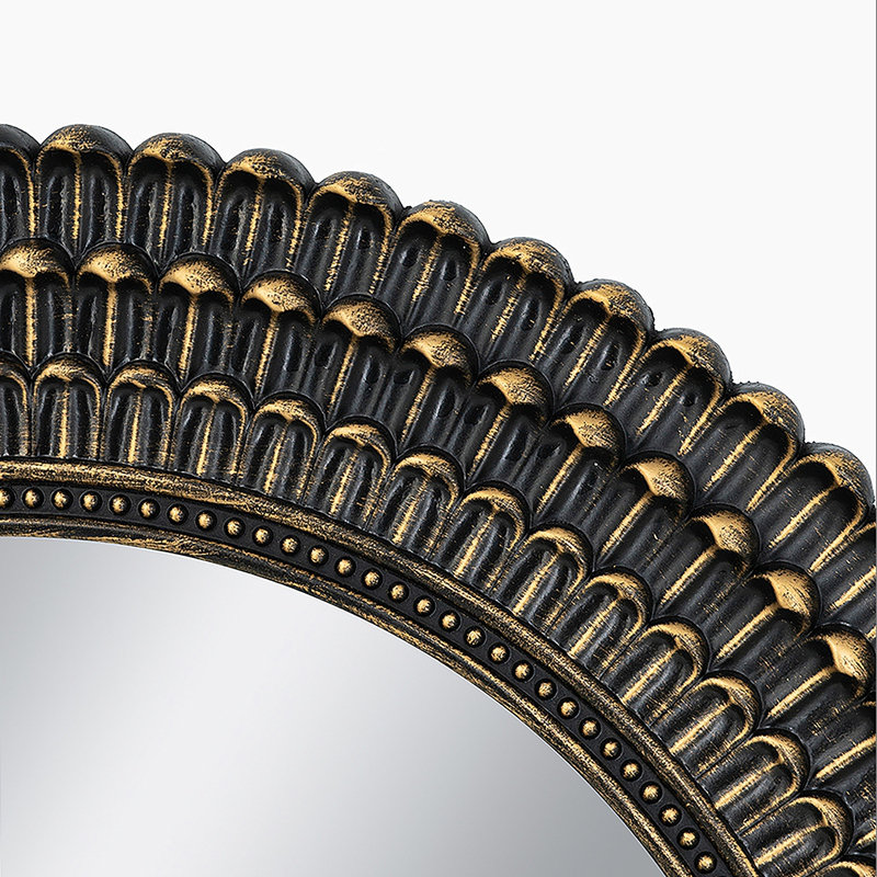 D26.5" Round Black And Gold Wooden Accent Mirror With Woven Texture, 26.5"x 26.5