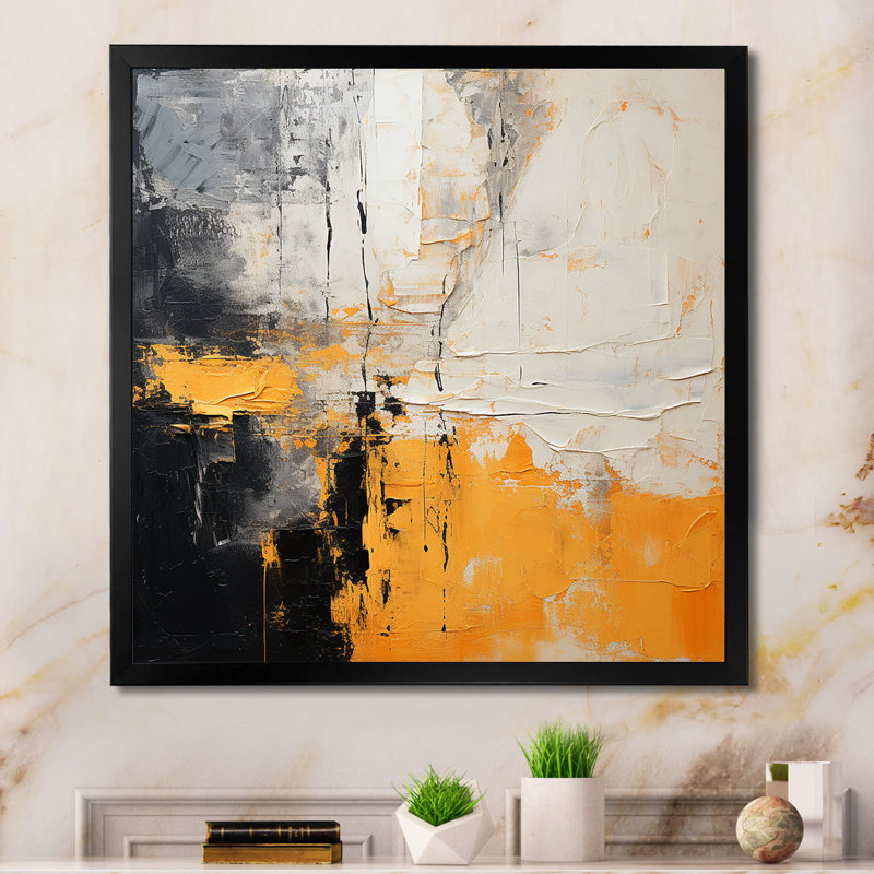 Abstrait collage jaune et noir III - Collages abstraits, art mural, Cadre simple noir, H 36 po x l 36 po x P 1,5 po