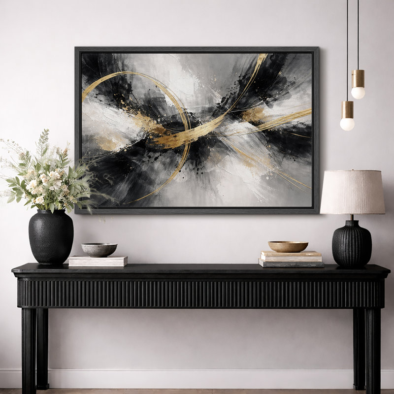 Abstrait, art dynamique noir et or, photos de salon moderne, impression sur toile encadrée, H 16 po x l 24 po x P 1,5 po