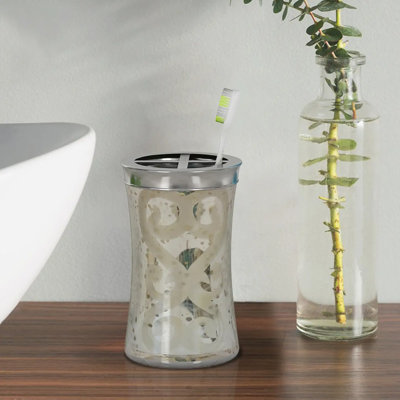 Oneita Mercury Glass Toothbrush holder | Compact Multi Slot Holder for Toothbrushes, Razors & Makeup Accessories | Etched/Mercury