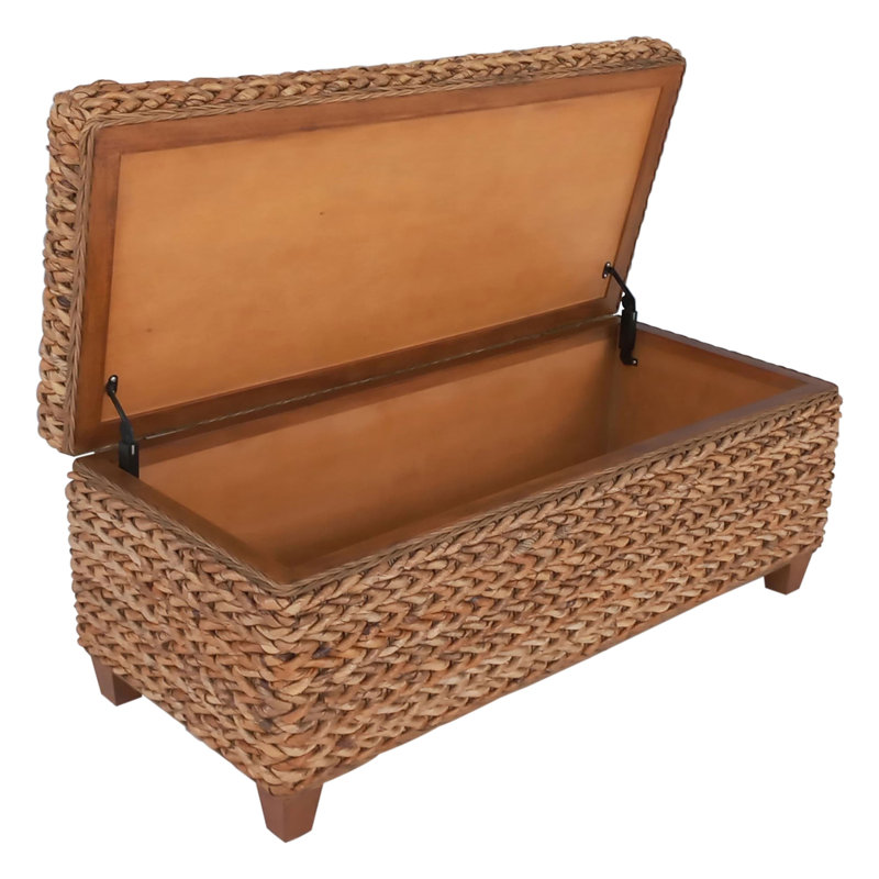 Coffret de rangement en bois tressé de feuilles de bananier ambrées - Coffre avec couvercle de style côtier pour l'organisation de la chambre