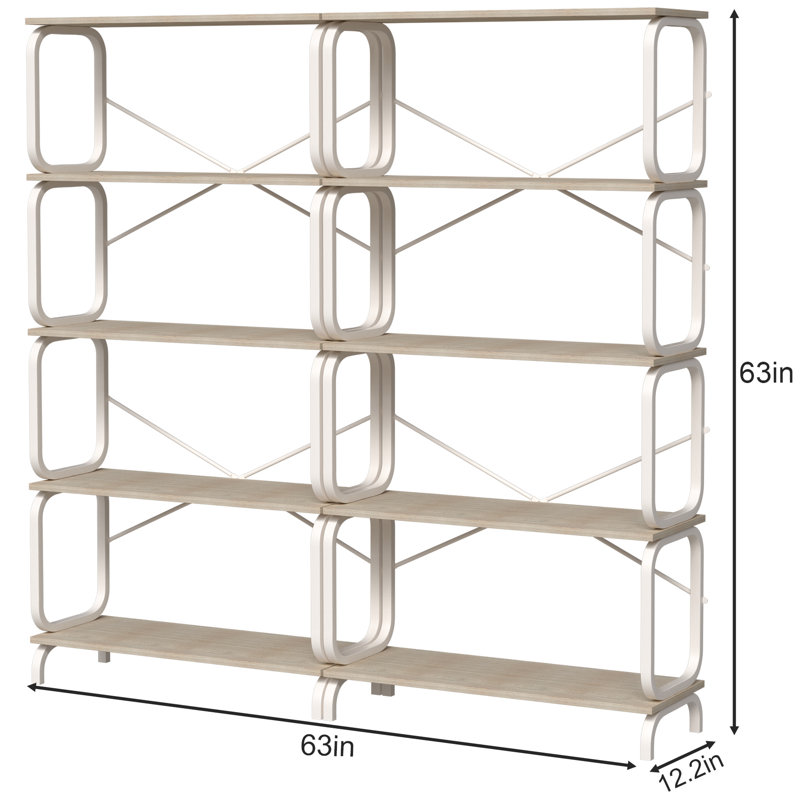 5 Tier Large Bookcase With Industrial Vintage Flair, White Metal Frame, Board For Home And Office Storage Bookshelf In Design,