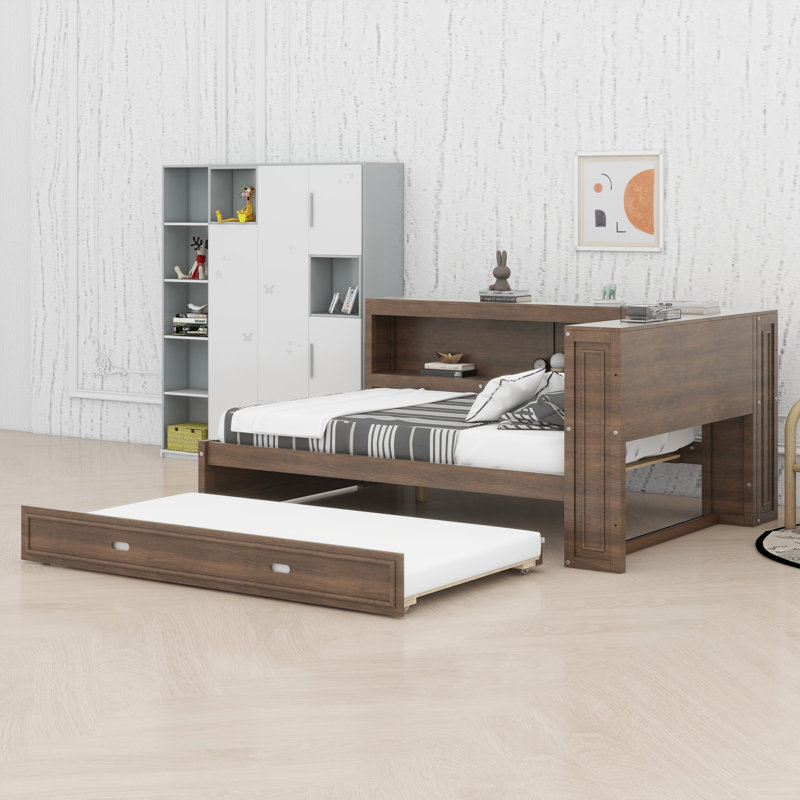Lit de jour avec lit gigogne et tablettes de rangement, éclairage DEL et ports USB, Bois antique