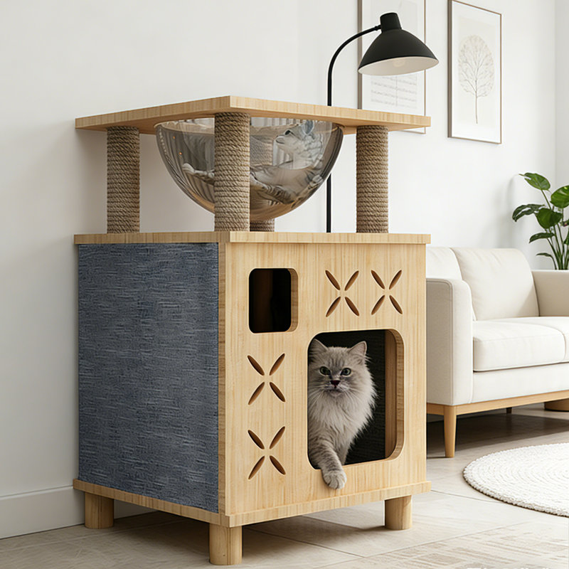 Multi-functional All-in-one Solid Wood Cat Condo