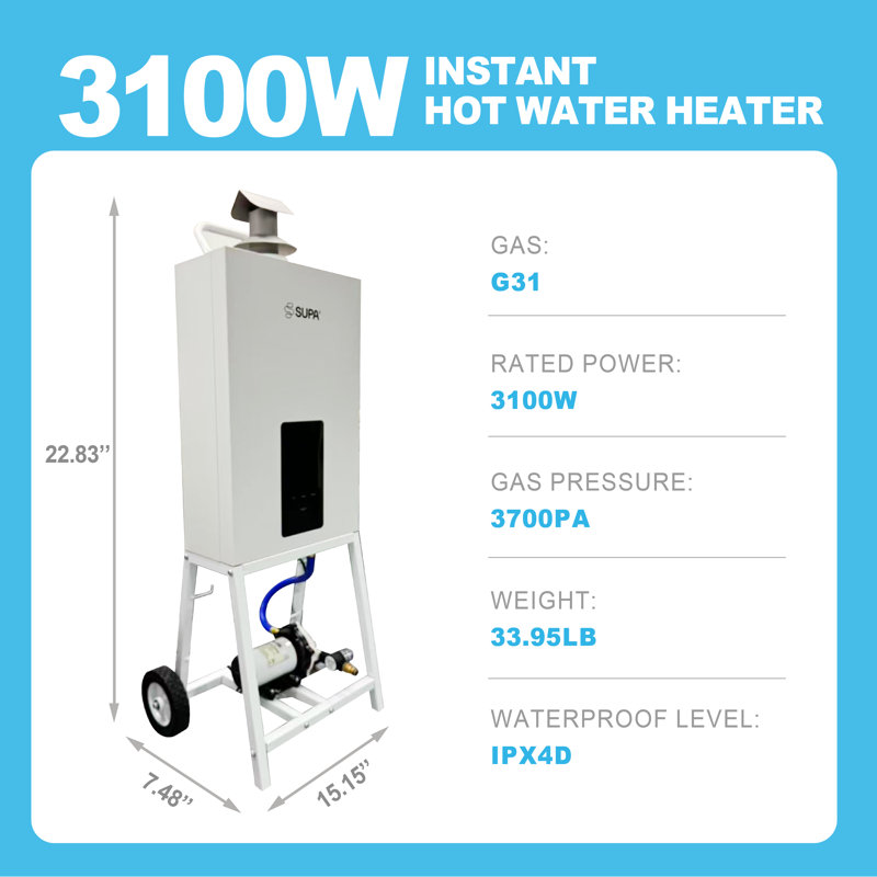 Chauffe-eau portatif sans réservoir Supa - Eau chaude instantanée extérieure de 3 100 W avec commande tactile, pompe auto-amorçante, pomme de douche à 5 modes et 7 protections de sécurité - pour le camping, la télévision, le spa gonflable, la baignade pour animaux de compagnie