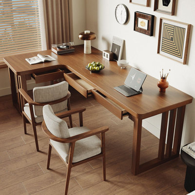 Walnut Tone Left Facing L Shaped Solid Wood Slab Legs with Storage Drawers Desk