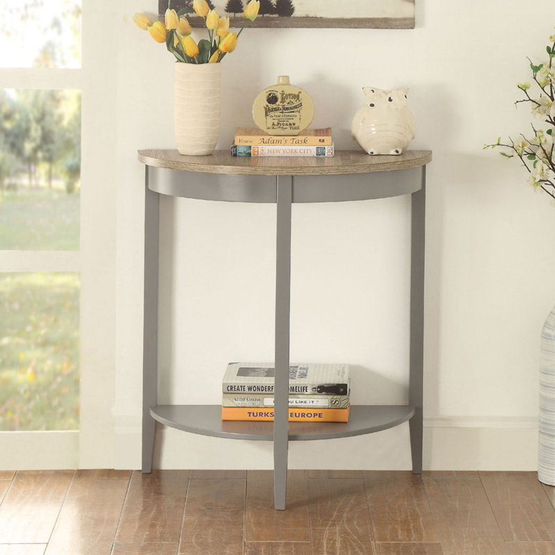 Table d'appoint en bois demi-lune avec 1 tablette inférieure, Gris clair