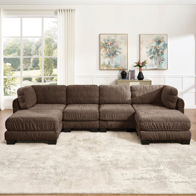 Canapé modulaire en chenille à 4 sièges avec détails ruisselés, 2 repose-pieds amovibles, mousse à haute densité, coussins de dossier en forme de L, assemblage facile, pour le salon, la chambre à coucher