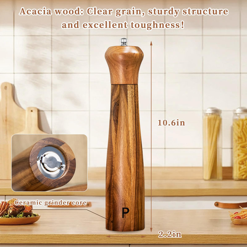Ensemble de 2 moulins à sel et à poivre en bois d'acacia de 10 pouces, moulins à sel et à poivre manuels, moulin à sel rechargeable à grosseur réglable, jaune brun