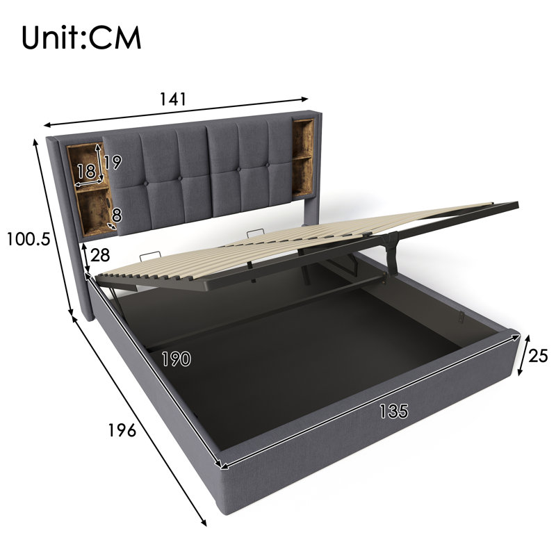 Upholstered Ottoman Bed, Double (4'6), Grey