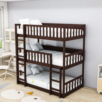 Twin Over Twin Over Twin Wood Bunk Bed With Ladders And Guardrails
