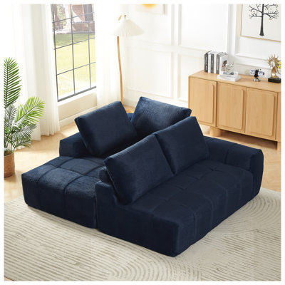 Canapé d'angle en fausse fourrure bleu foncé, canapé modulaire surdimensionné 4 places avec capitonnage pour salon et appartement