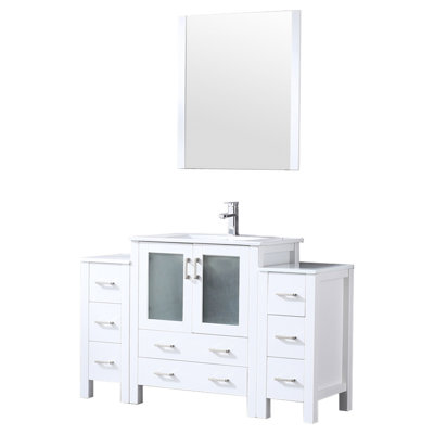 White Single Bath Vanity Measuring 54 In. Width, Side Cabinets, Ceramic Counter, Faucet , 28 Mirror, Stain - And Finish, W With Top, Long Lasting Scratch Proof Surface, Hole