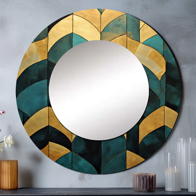 Emerald and Golden Arches V - Miroir mural formes abstraites, miroir décoratif rond doré, impression d'art en métal