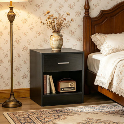 Table d'appoint en bois et bois aggloméré noir avec tablette de rangement et tiroir