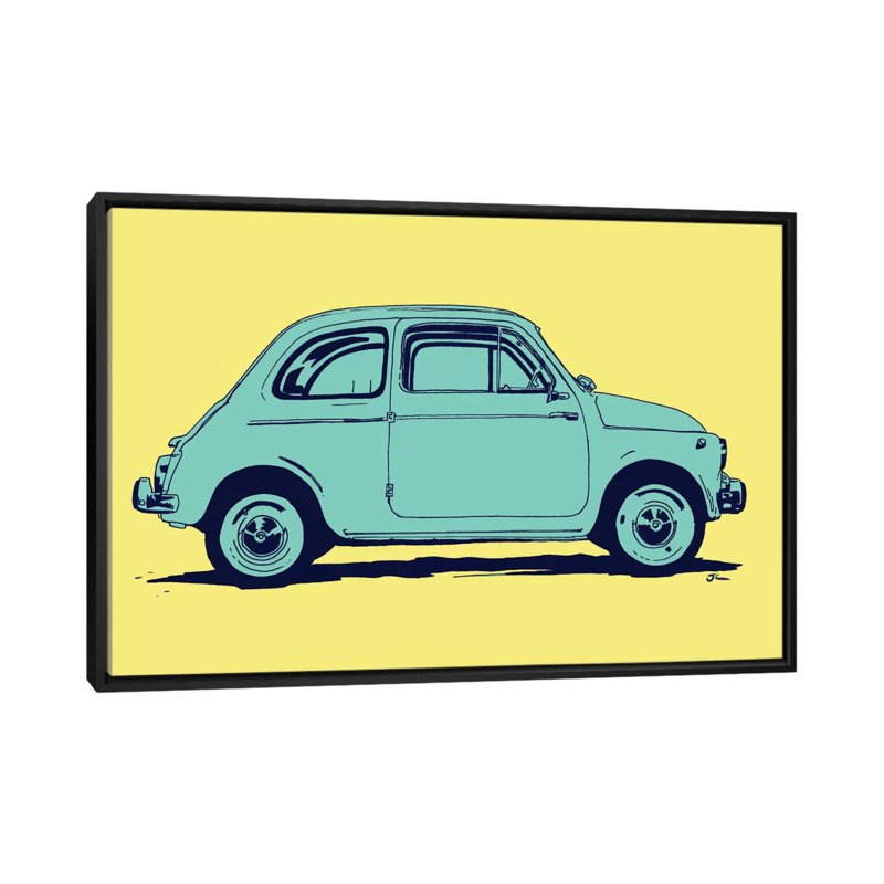 Fiat 500, peinture sur toile tendue, H 18 po x l 26 po x P 1,5 po, Toile avec cadre noir, Pas de tapis