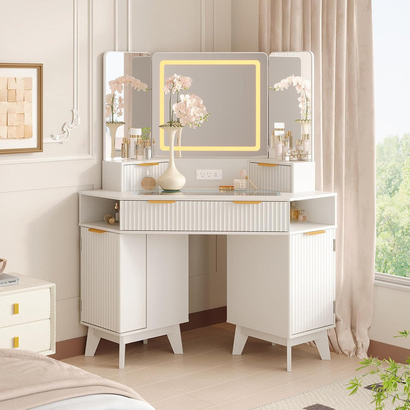 56" Fluted Makeup Vanity with Triple Mirror Lights, Glass Top & Charging Station for Bedroom Corner, White