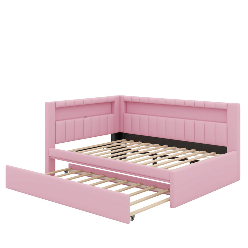 Full Platform Bed With USB Ports, LED Belt And Trundle, Pink