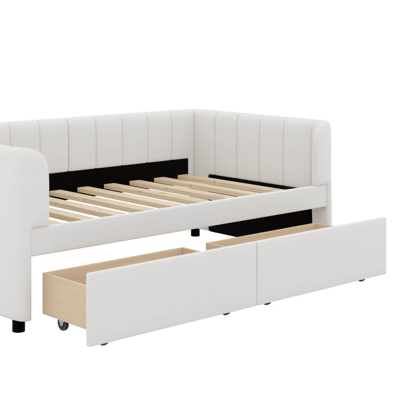 Lit de jour simple tapissier avec 2 tiroirs, Beige