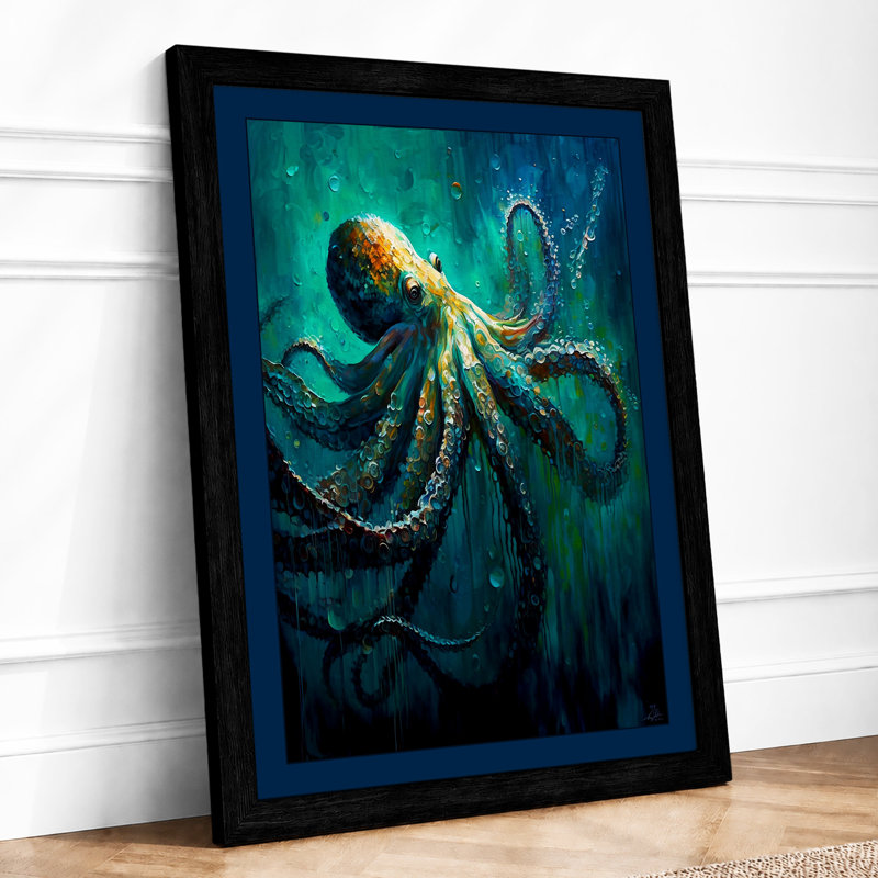Octopus In Deep Waters Dark - Print, A2 - 59.4 x 42.0 cm, Black