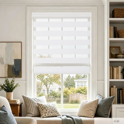 Dual Layer Cordless Zebra Blinds Free-Stop Day & Night Privacy Sheer Window Shades with Hassle-Free Installation, White 35"W x 75"H