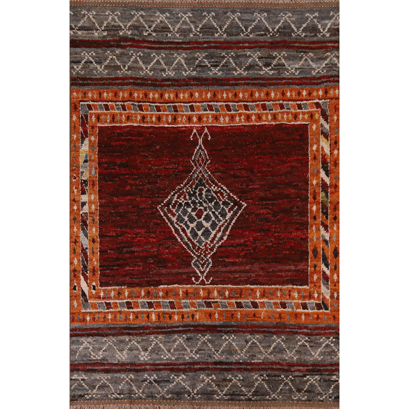 Tapis rouge en laine noué à la main de conception unique 6 pi 3 po x 8 pi 10 po New Age