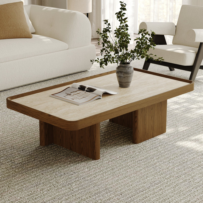 51.18" Mid Century Retangular Coffee Table, Beige Sintered Stone Table top, Solid Wood Legs