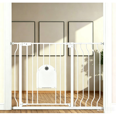Adjustable Width Metal Pet Gate With Built-In Cat Door, 29.5 To 43.7 Inches Auto Closing Walk Through Safety Gate For Indoor Stairs &