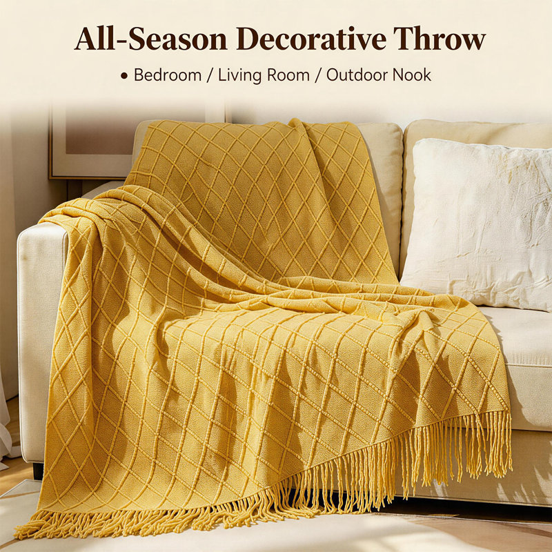 Acrylic Tassel Throw Blanket., Yellow, 152 x 203cm