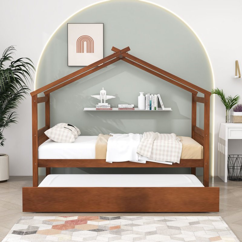 Lit maison en bois avec lit gigogne Iakup, Simple, Noyers
