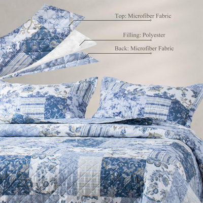 Kasentex Quilt Set - Lightweight Breadspread Coverlet Sets - All Season Bedding - Soft Light Summer Comforter, Blue Floral