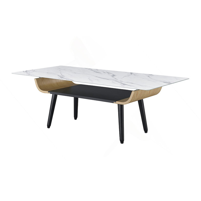 Table basse l 47 po avec plateau en verre marbré blanc et bois cintré