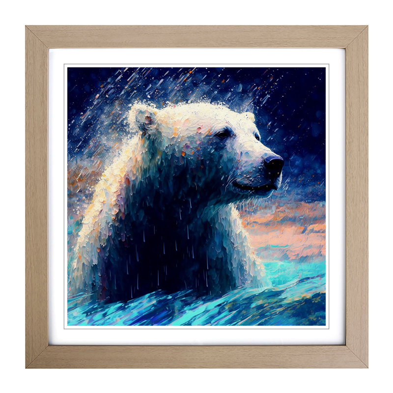 Polar Bear Neo-Impressionism - Single Picture Frame Print on Wood, Oak