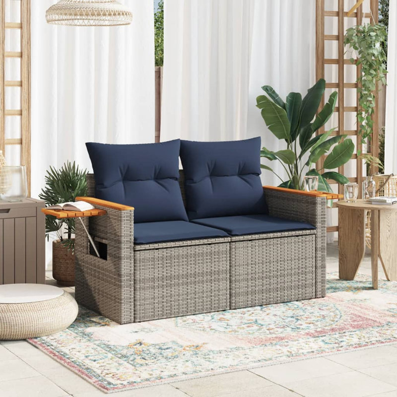 Canapé de patio avec coussins 2 places en rotin de polyester gris