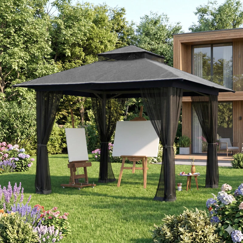 10X10 Gazebo, Outdoor Patio Gazebo With Mosquito Netting, Double Roof Metal Gazebo, Canopy For Backyard Covered Patio, Heavy Duty Gazebo Outdoor For Garden Deck Lawn，Black / Gray / Khaki / Navy Blue