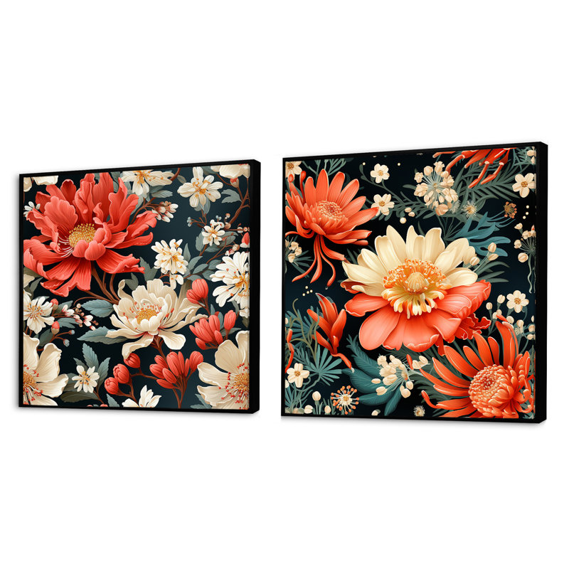 Ensemble de 2 fleurs de dahlia terreuses Hodgdon, Cadre flottant noir, H 36 po x l 73 po