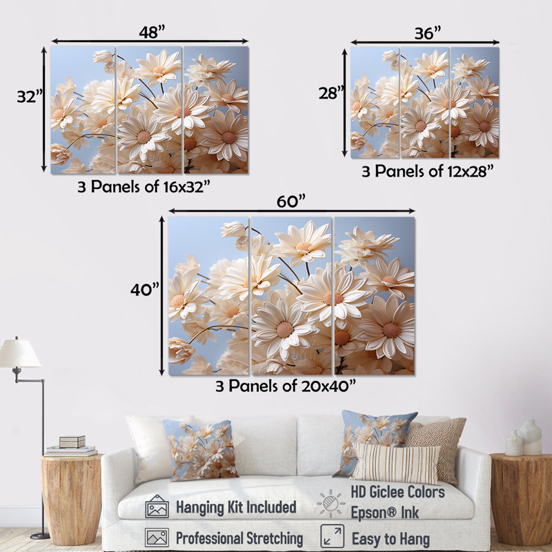 Ensemble de salon marguerites blanches, Toile tendue, H 32 po x l 48 po x P 1 po