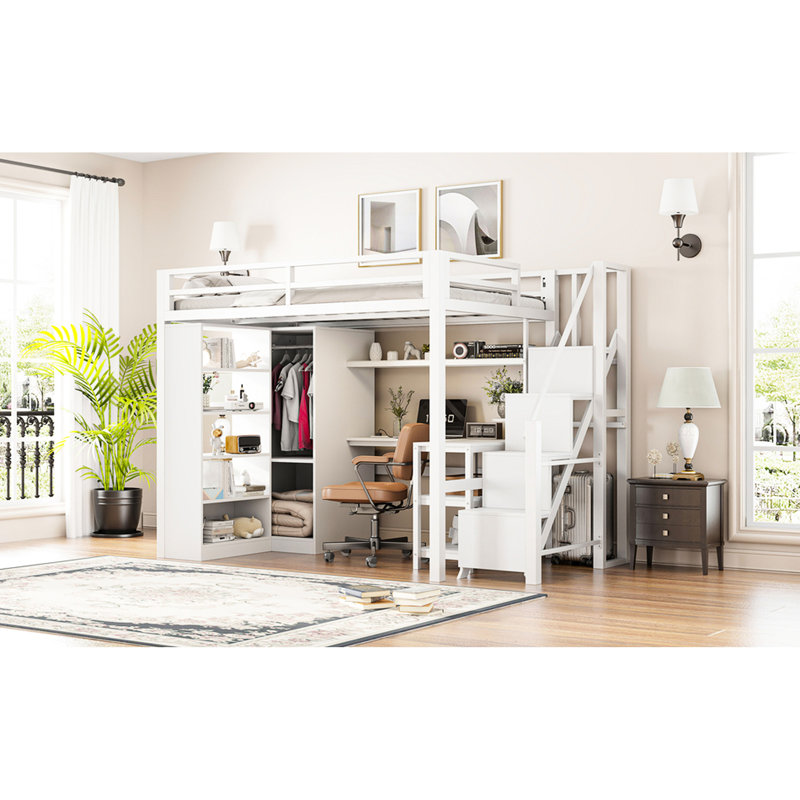 Lit mezzanine double en métal avec bureau, tablette à 5 couches, blanc - ports d'ajout pratiques pour la chambre à coucher, espace de travail polyvalent