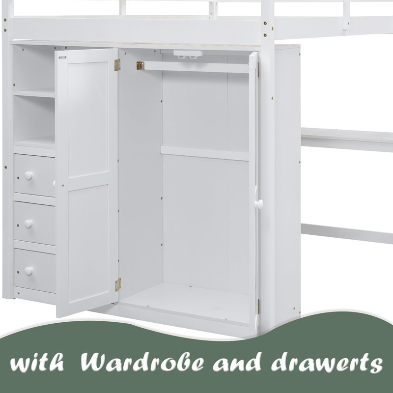Wood Full Size Loft Bed With Built-In Wardrobe, Desk, Storage Shelves And Drawers, White