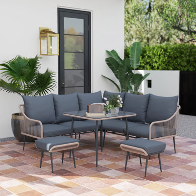 Outsunny 6 Pieces Rattan Garden Furniture Set with Corner Sofa Light Brown