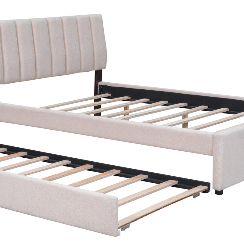 Lit plateforme tapissier moderne avec tête de lit à DEL et lit gigogne escamotable, ports de chargement USB, Beige, Double