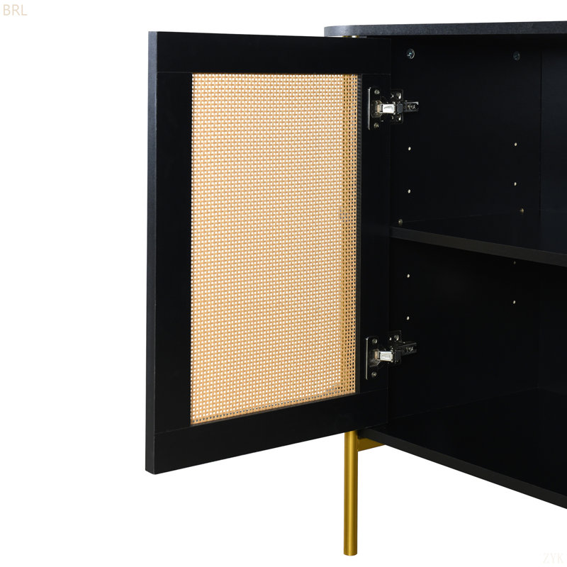 Armoire de salle à manger courbée élégante à 2 portes avec garniture dorée et portes en rotin tissé pour la salle à manger