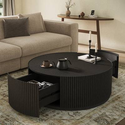 Fully Assembled Modern 35" W Contemporary Round Coffee Table with Solid Wood Fluted Base, 2 Hidden Storage Drawers & Wood Veneer Top