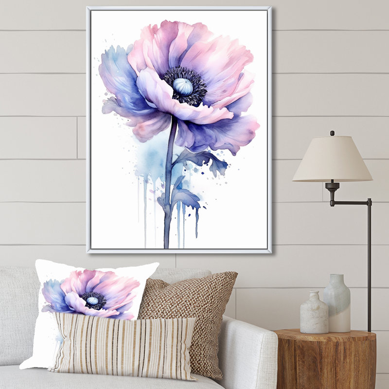 Minimalisme, coquelicots mauves, beauté I, sur toile, H 40 po x l 30 po x P 1,5 po, Cadre flottant blanc