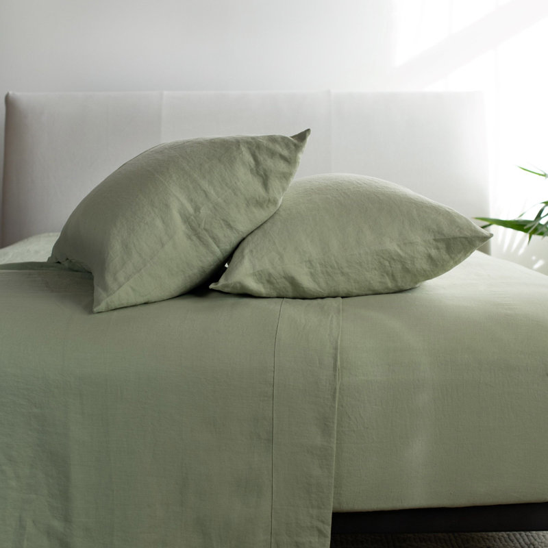 100% French Linen Sheet Set, Matcha, Twin Sheet Set with 1 Pillowcase