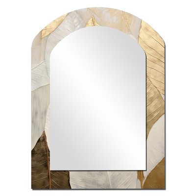 «Gold Minimalisme Leaves Collage III - grand miroir mural à feuilles arquées, miroir décoratif asymétrique doré, impression sur métal