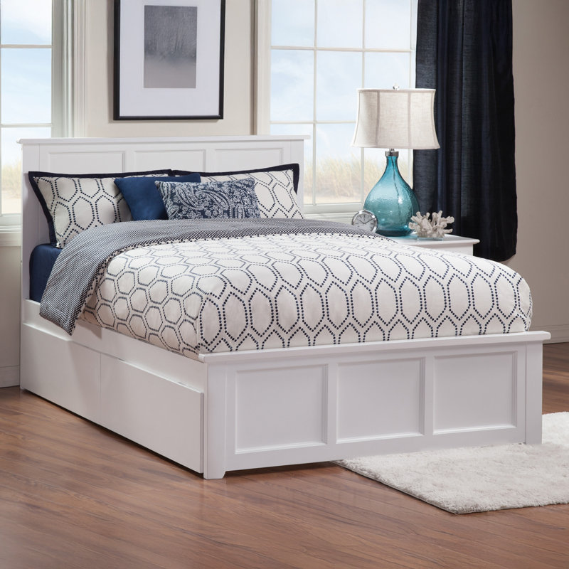 Amear Solid Wood Storage Platform Bed with Under Bed Drawers, Full, White
