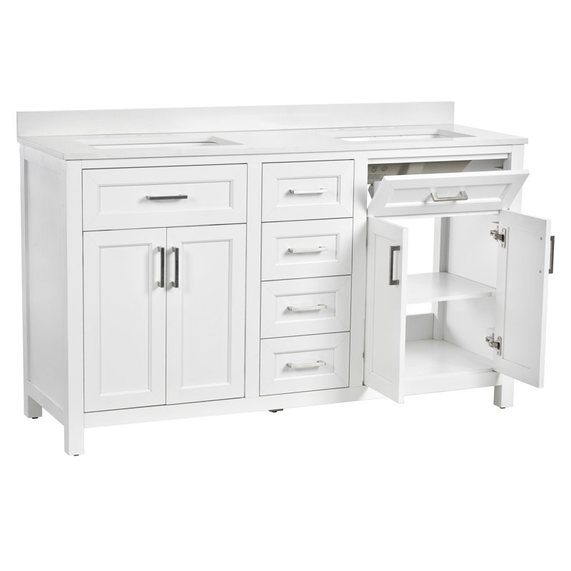 Chezkel 60'' Fully Assembled Double Bathroom Vanity with Ceramic Sink, Satin Nickel, White