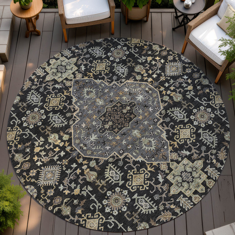 Machine Washable Indoor/Outdoor Chantille ACN2714 Global Rug, 8' Round, Black
